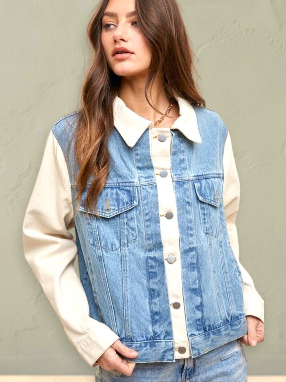 Annie Wear Two Tone Denim Jacket Cream Contrast Sleeve Colorblock Jean Shacket - Picture 4 of 8